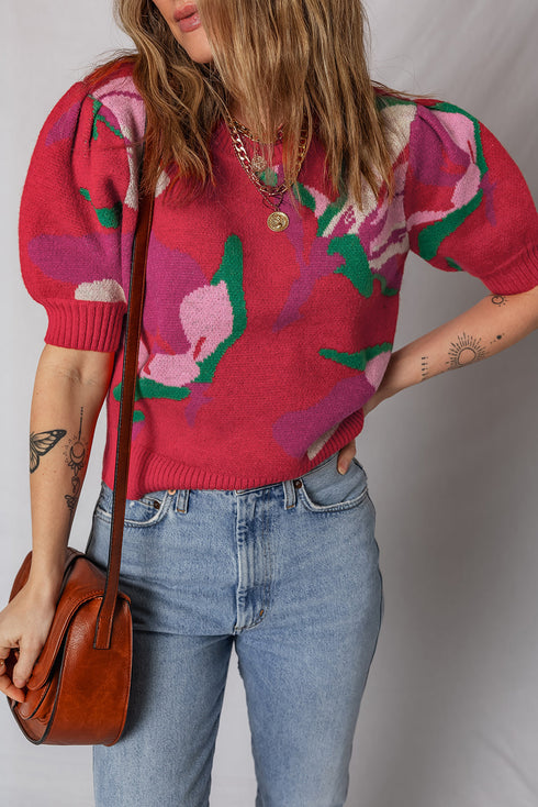 Short Puff Sleeve Abstract Floral Crew Neck Sweater