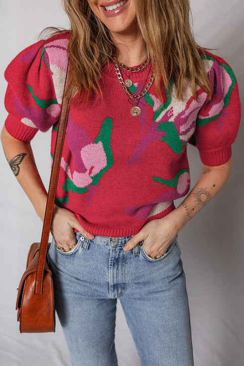 Short Puff Sleeve Abstract Floral Crew Neck Sweater