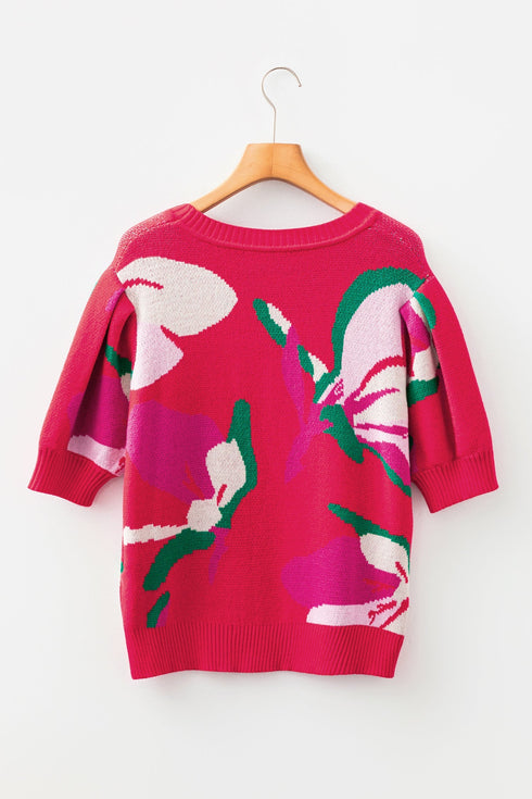 Short Puff Sleeve Abstract Floral Crew Neck Sweater