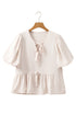 Short Puff Sleeve Bow Tie Ruffle Hem Blouse