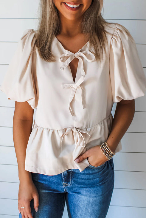 Short Puff Sleeve Bow Tie Ruffle Hem Blouse