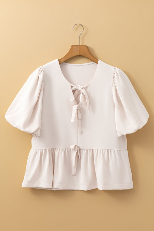 Short Puff Sleeve Bow Tie Ruffle Hem Blouse