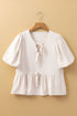 Short Puff Sleeve Bow Tie Ruffle Hem Blouse