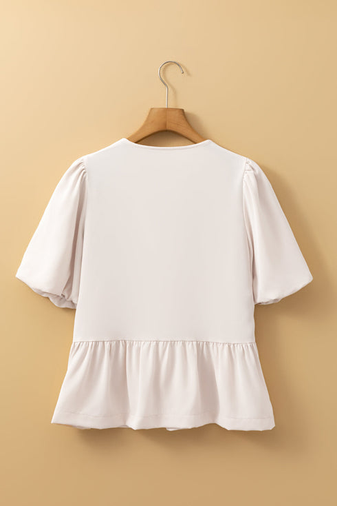 Short Puff Sleeve Bow Tie Ruffle Hem Blouse