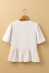 Short Puff Sleeve Bow Tie Ruffle Hem Blouse