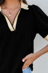 Short Puff Sleeve Collared V Neck Trimmed Blouse