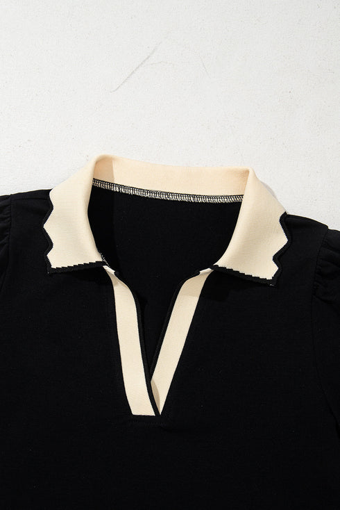 Short Puff Sleeve Collared V Neck Trimmed Blouse