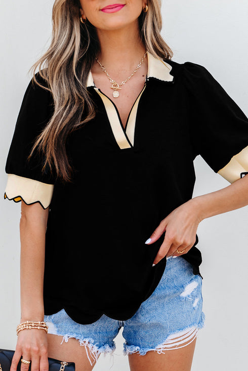 Short Puff Sleeve Collared V Neck Trimmed Blouse
