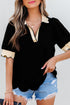 Short Puff Sleeve Collared V Neck Trimmed Blouse