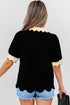 Short Puff Sleeve Collared V Neck Trimmed Blouse