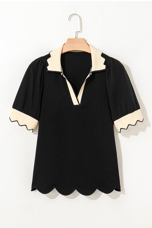 Short Puff Sleeve Collared V Neck Trimmed Blouse