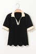 Short Puff Sleeve Collared V Neck Trimmed Blouse