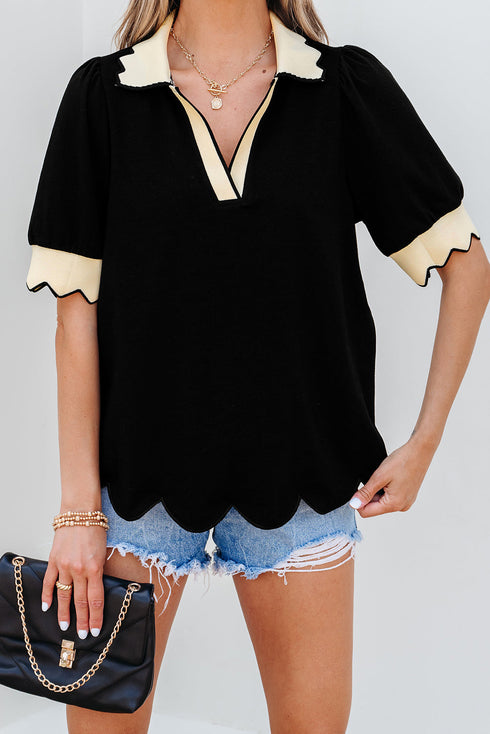 Short Puff Sleeve Collared V Neck Trimmed Blouse