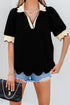 Short Puff Sleeve Collared V Neck Trimmed Blouse