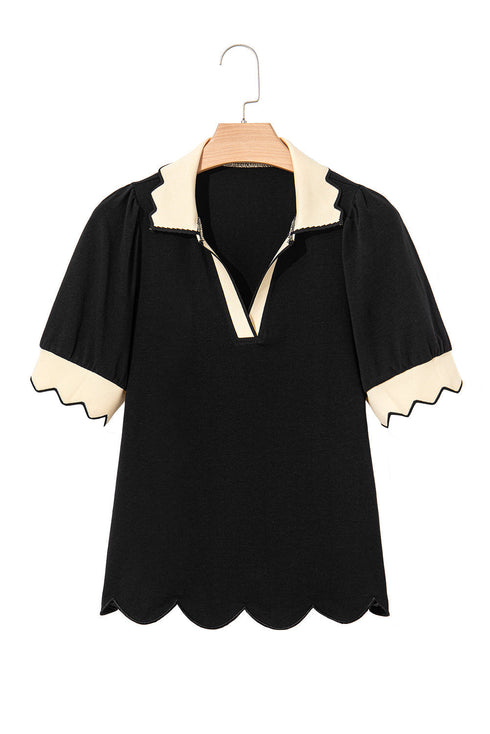 Short Puff Sleeve Collared V Neck Trimmed Blouse