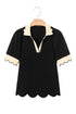 Short Puff Sleeve Collared V Neck Trimmed Blouse