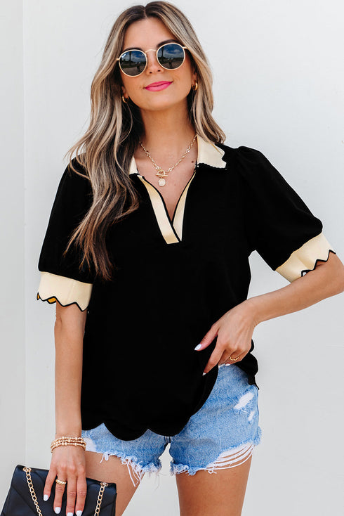 Short Puff Sleeve Collared V Neck Trimmed Blouse