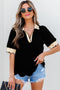 Short Puff Sleeve Collared V Neck Trimmed Blouse