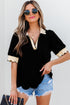 Short Puff Sleeve Collared V Neck Trimmed Blouse