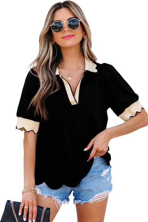 Short Puff Sleeve Collared V Neck Trimmed Blouse