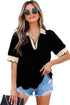 Short Puff Sleeve Collared V Neck Trimmed Blouse