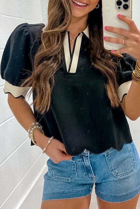 Short Puff Sleeve Collared V Neck Trimmed Blouse