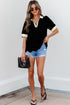 Short Puff Sleeve Collared V Neck Trimmed Blouse