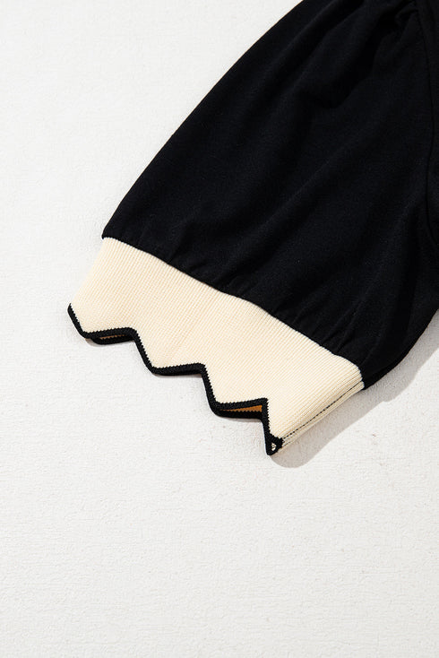 Short Puff Sleeve Collared V Neck Trimmed Blouse