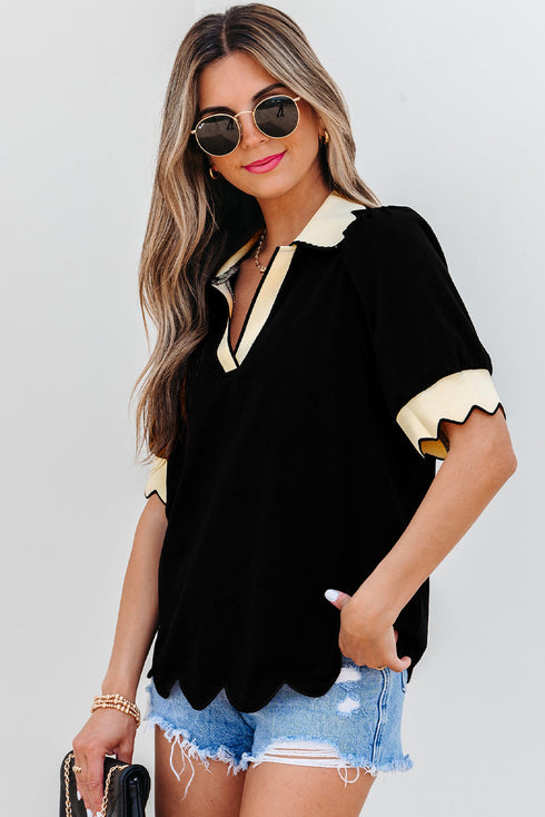 Short Puff Sleeve Collared V Neck Trimmed Blouse