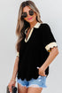 Short Puff Sleeve Collared V Neck Trimmed Blouse