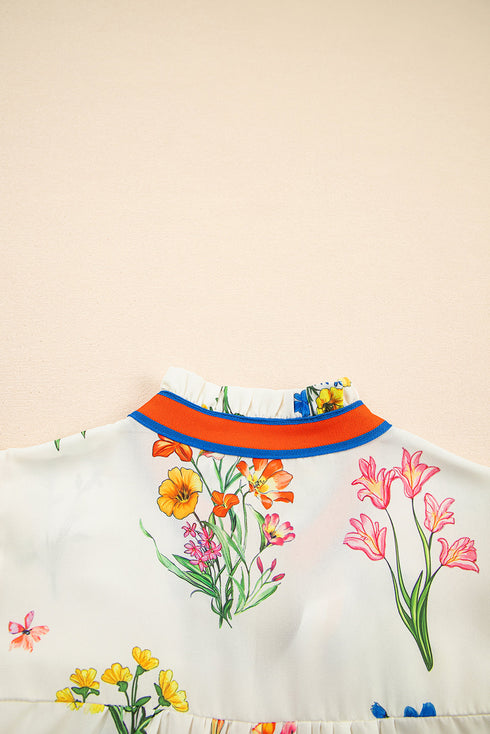 Short Puff Sleeve Contrast Trim V Neck Print Blouse