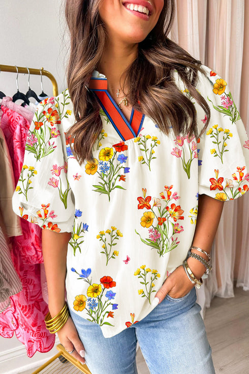 Short Puff Sleeve Contrast Trim V Neck Print Blouse