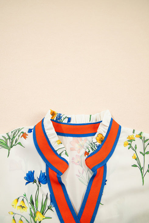 Short Puff Sleeve Contrast Trim V Neck Print Blouse