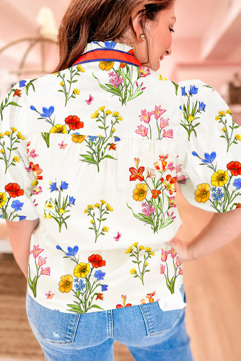Short Puff Sleeve Contrast Trim V Neck Print Blouse