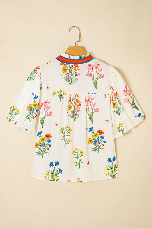 Short Puff Sleeve Contrast Trim V Neck Print Blouse