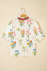 Short Puff Sleeve Contrast Trim V Neck Print Blouse