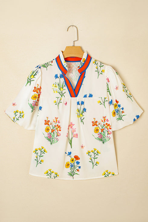 Short Puff Sleeve Contrast Trim V Neck Print Blouse