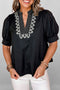 Short Puff Sleeve Embroidered V Neck Cotton Blend Blouse