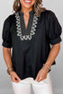 Short Puff Sleeve Embroidered V Neck Cotton Blend Blouse