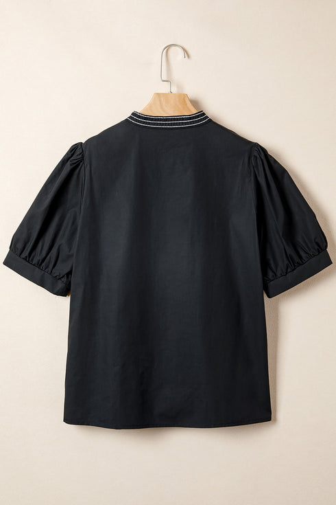 Short Puff Sleeve Embroidered V Neck Cotton Blend Blouse