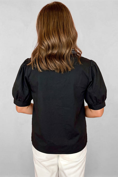 Short Puff Sleeve Embroidered V Neck Cotton Blend Blouse