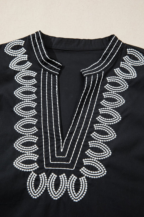 Short Puff Sleeve Embroidered V Neck Cotton Blend Blouse