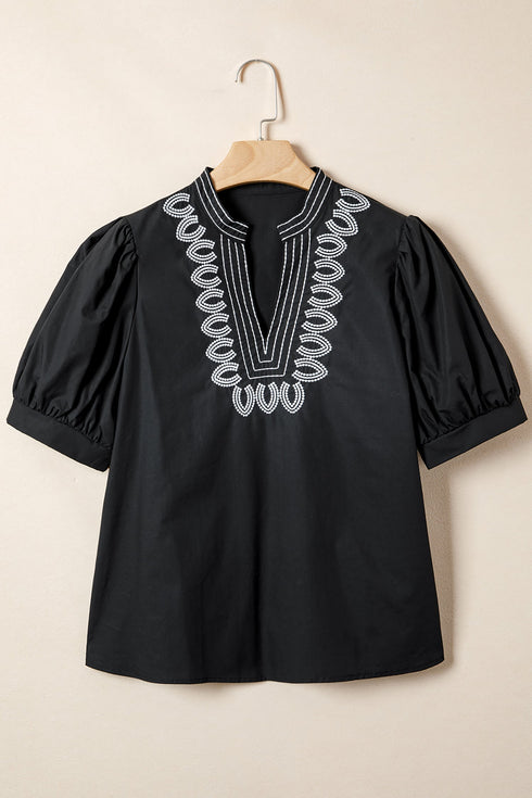 Short Puff Sleeve Embroidered V Neck Cotton Blend Blouse