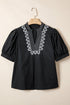 Short Puff Sleeve Embroidered V Neck Cotton Blend Blouse