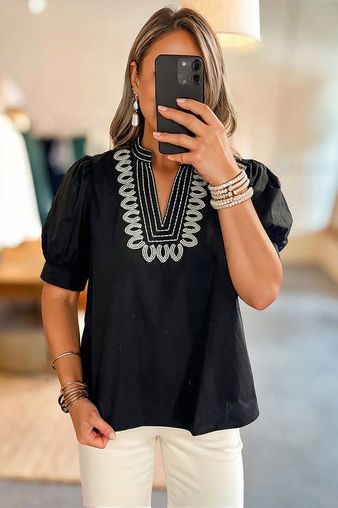 Short Puff Sleeve Embroidered V Neck Cotton Blend Blouse