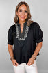 Short Puff Sleeve Embroidered V Neck Cotton Blend Blouse