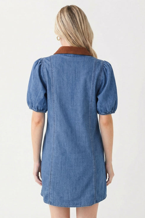 Short Puff Sleeve Patchwork Paneled Denim Shirt Mini Dress