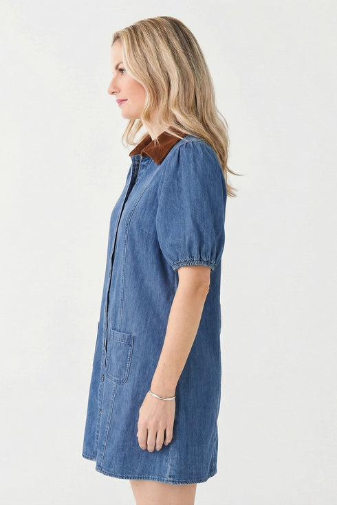 Short Puff Sleeve Patchwork Paneled Denim Shirt Mini Dress