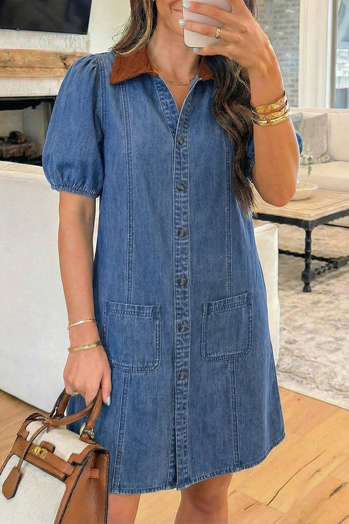 Short Puff Sleeve Patchwork Paneled Denim Shirt Mini Dress