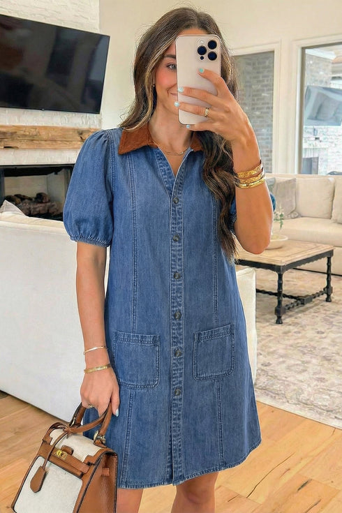 Short Puff Sleeve Patchwork Paneled Denim Shirt Mini Dress